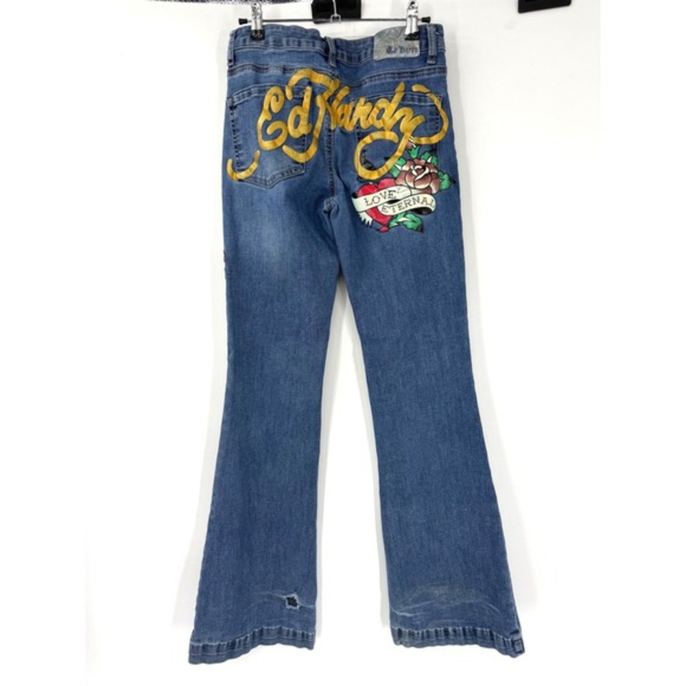 Ed Hardy Womens Flare Jeans Blue Tattoo True Love Eternal Graphic Y2K Size 26 - Picture 2 of 7